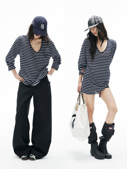 iamxiaa Striped Snowflake Texture V-neck Pocket Loose Knit Women&