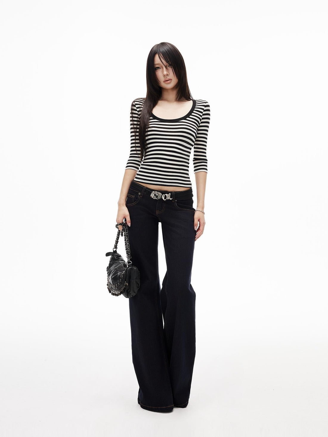 iamxiaa Striped U Neck Knit Lyocell Wool Women&