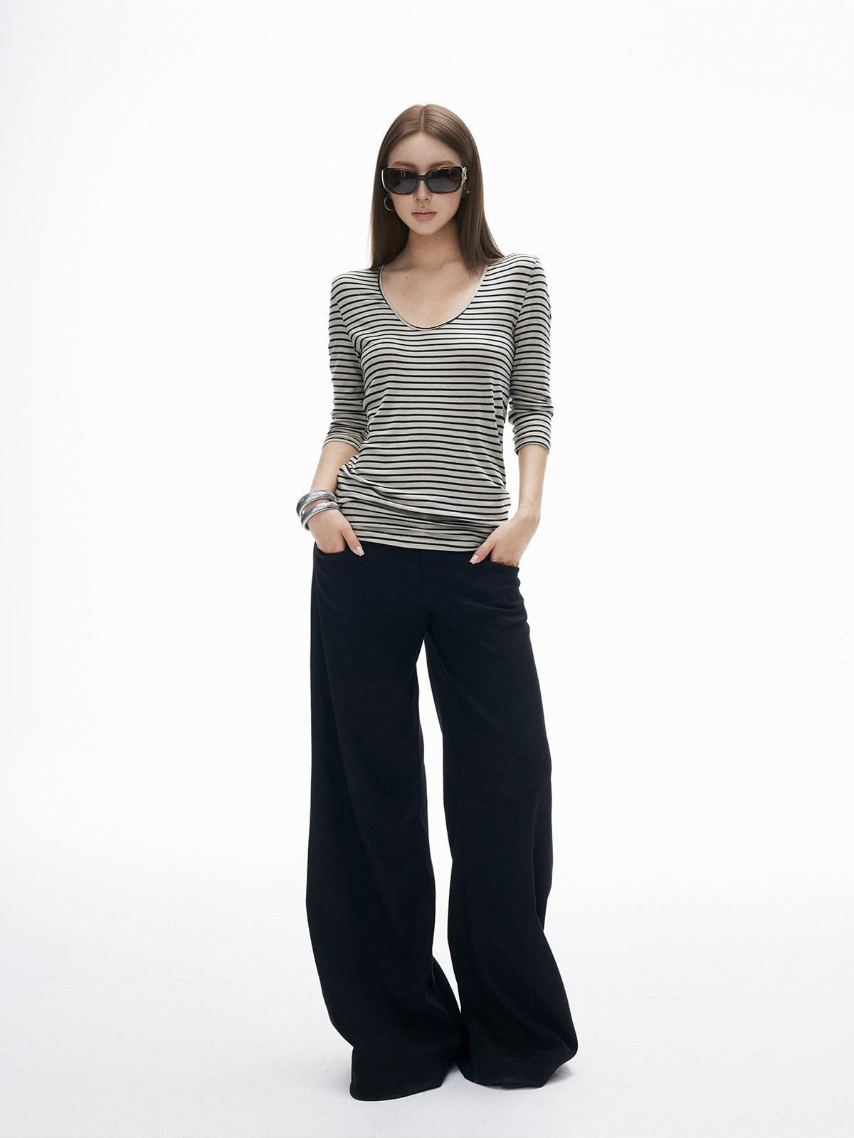 iamxiaa Striped U Neck Slim Fit Women&