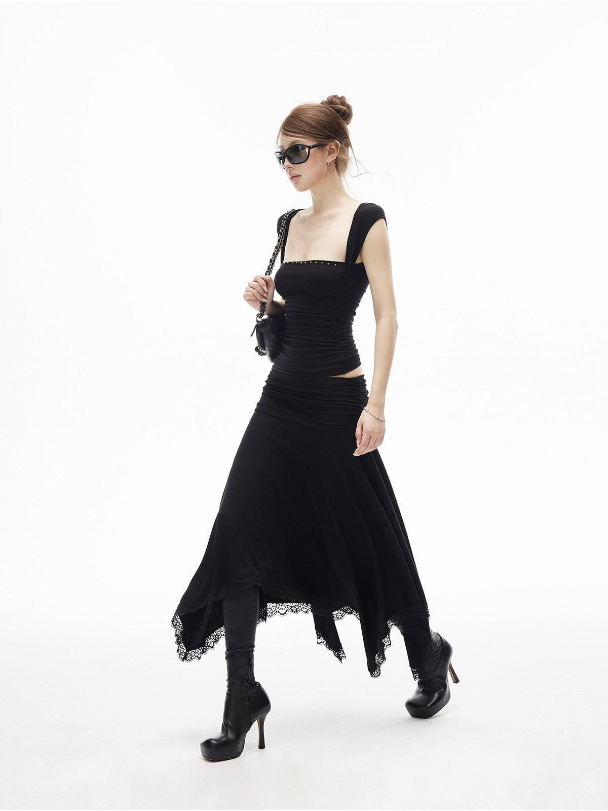 iamxiaa Studded Rhinestone Pleated Low Square Neck Women&