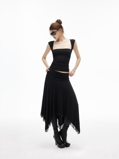 iamxiaa Studded Rhinestone Pleated Low Square Neck Women&