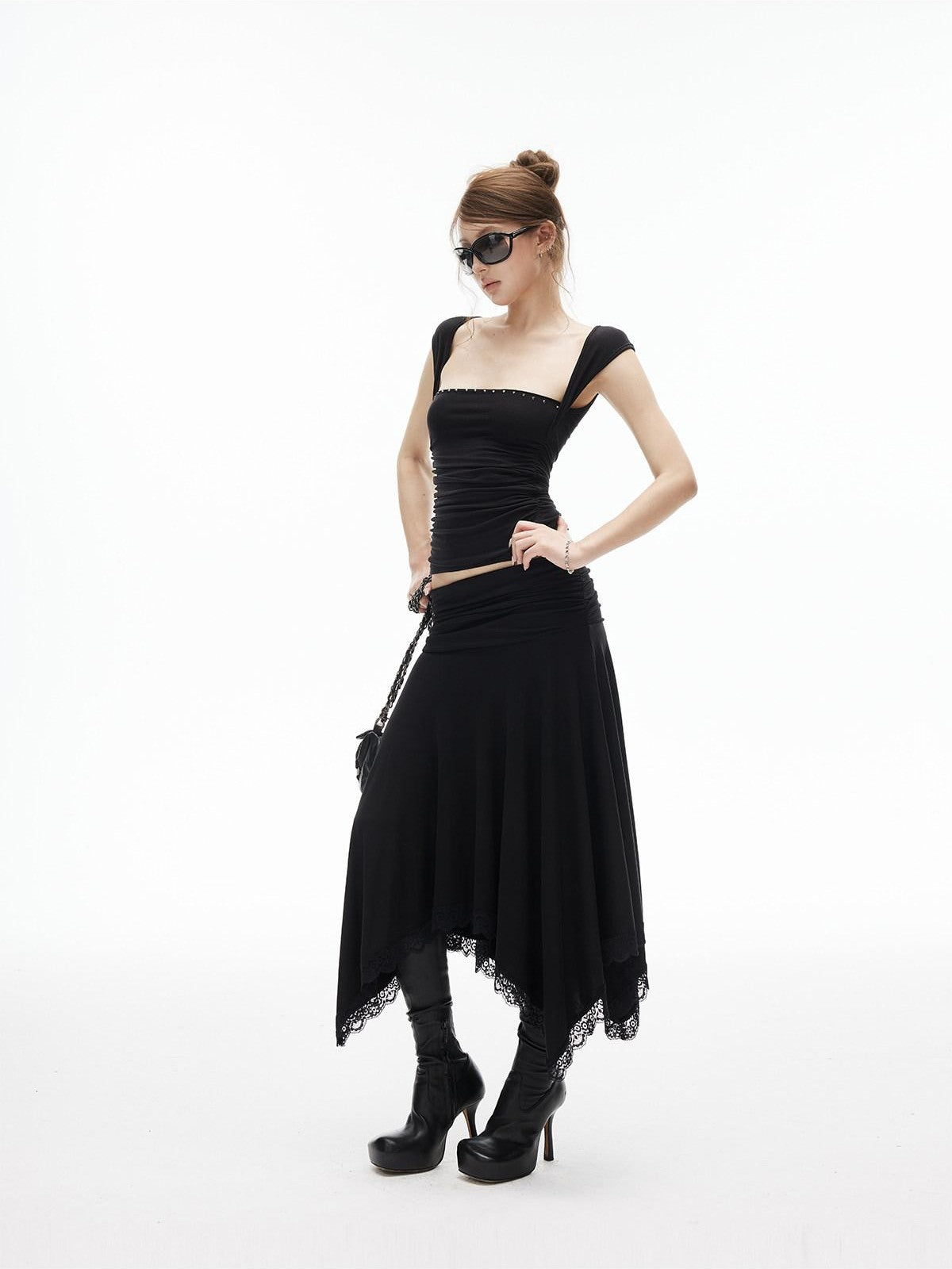 iamxiaa Studded Rhinestone Pleated Low Square Neck Women&