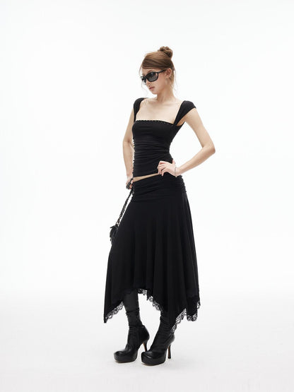 iamxiaa Studded Rhinestone Pleated Low Square Neck Women&