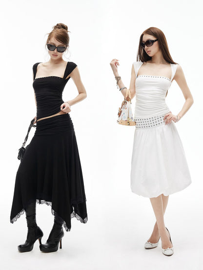 iamxiaa Studded Rhinestone Pleated Low Square Neck Women&