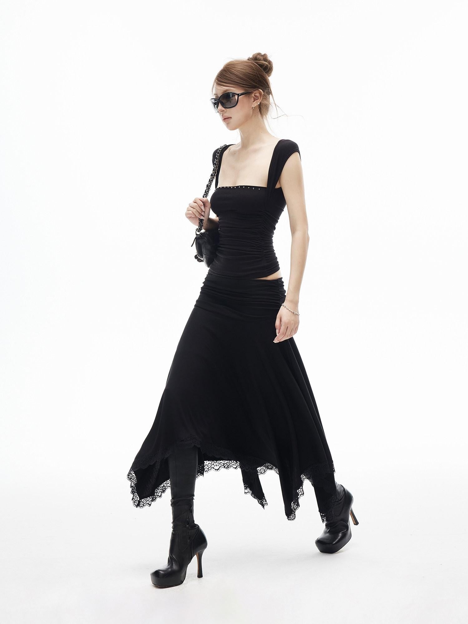 iamxiaa Studded Rhinestone Pleated Low Square Neck Women&