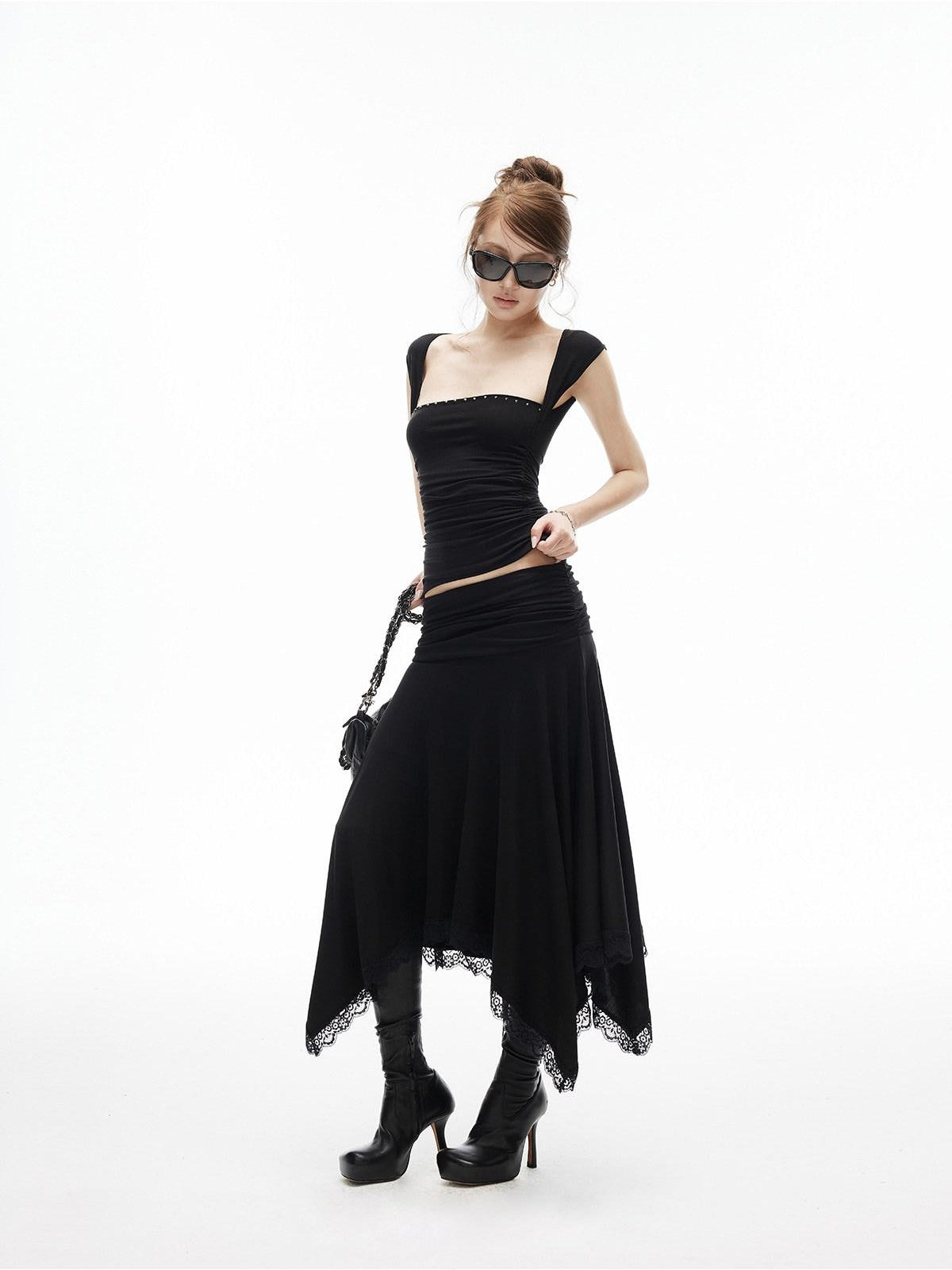iamxiaa Studded Rhinestone Pleated Low Square Neck Women&
