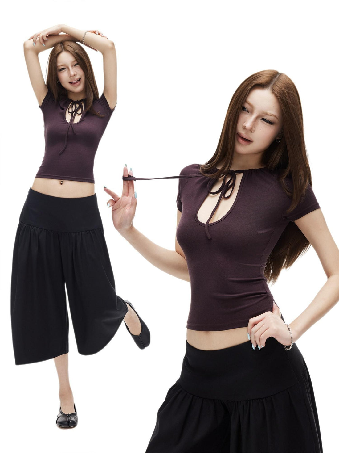 iamxiaa Teardrop Cutout Adjustable Drawstring Raglan Women&