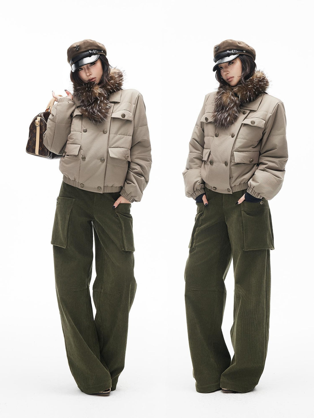 iamxiaa Textured Corduroy Low Rise Straight Leg Pocket Women&