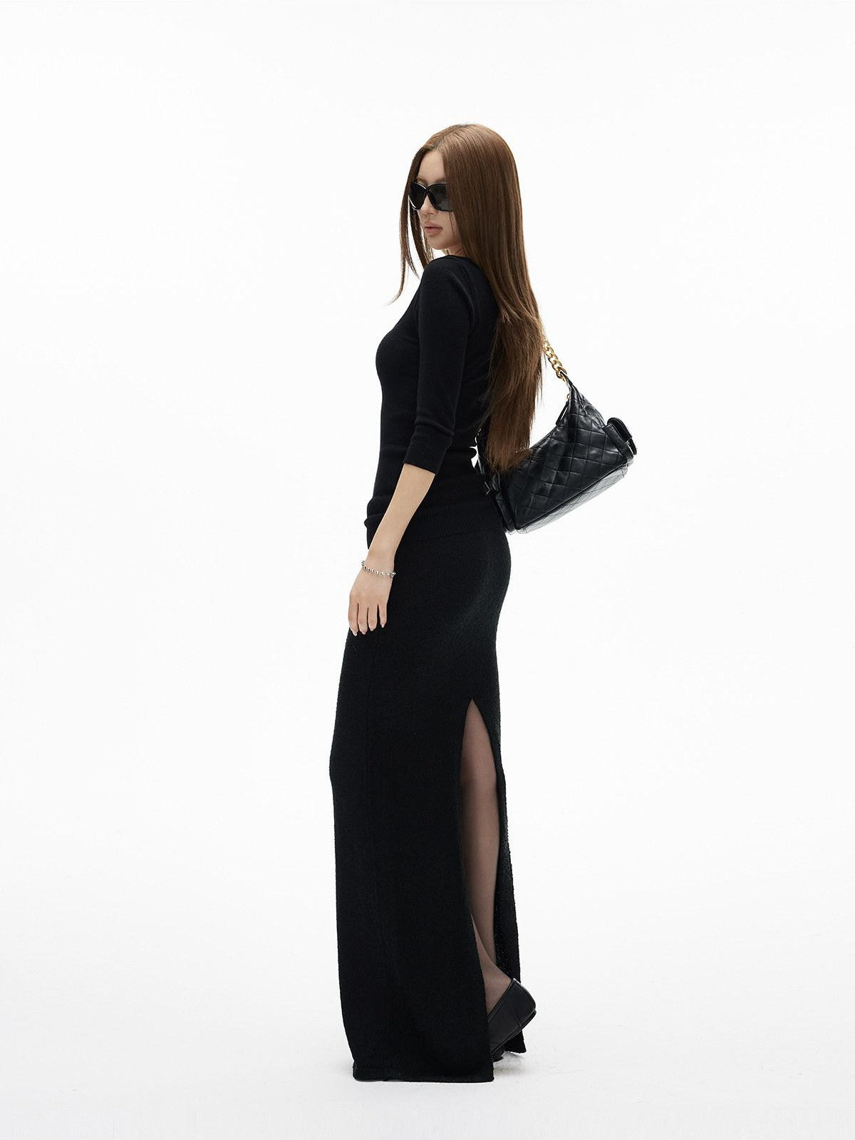 iamxiaa Textured Loop Yarn Fitted Back Slit Drawstring Women&