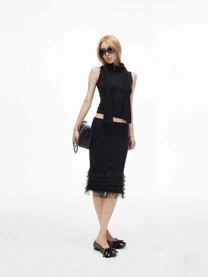 iamxiaa Textured Sash Boat Neck Low Back Slim Women&