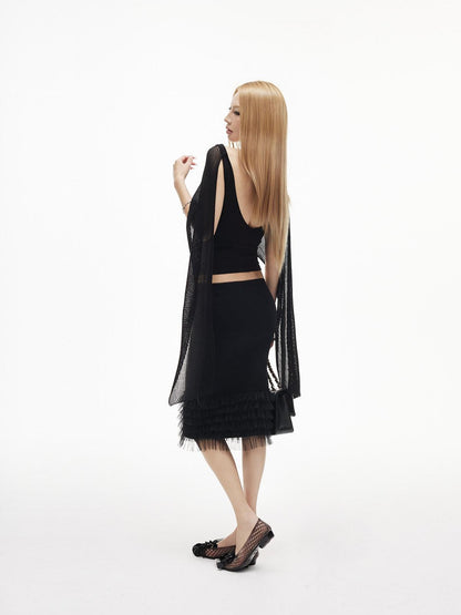 iamxiaa Textured Sash Boat Neck Low Back Slim Women&