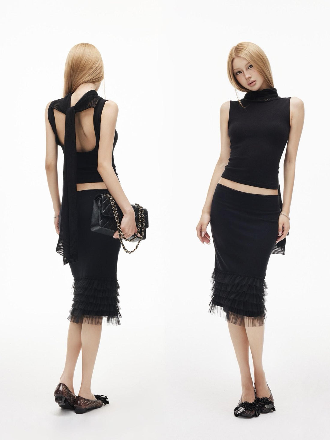 iamxiaa Textured Sash Boat Neck Low Back Slim Women&