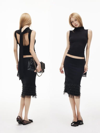iamxiaa Textured Sash Boat Neck Low Back Slim Women&