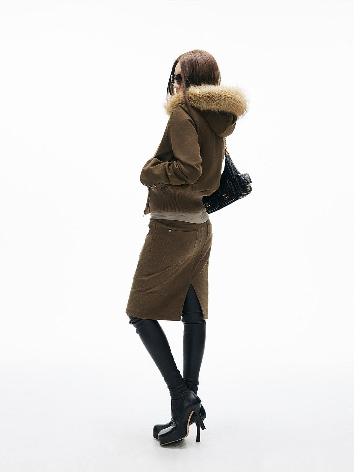 iamxiaa Twill Hooded Detachable Teddy Fur Collar Women&