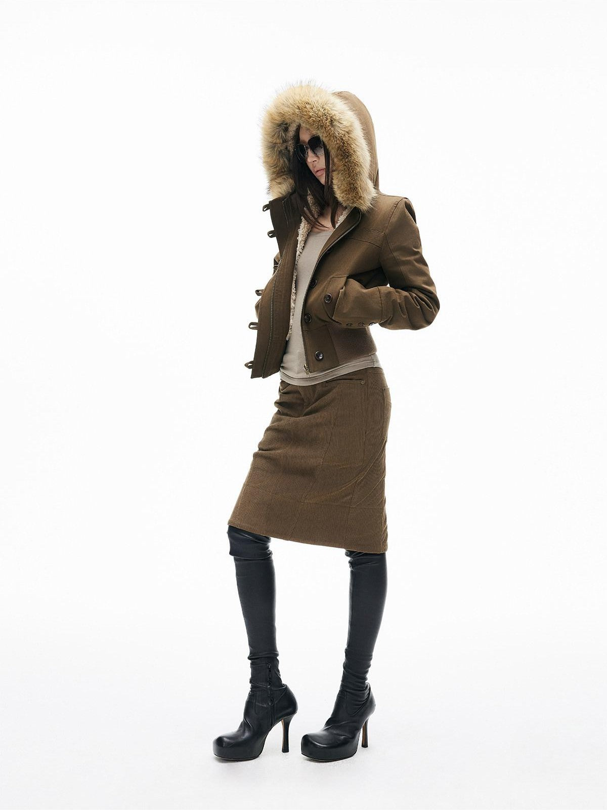 iamxiaa Twill Hooded Detachable Teddy Fur Collar Women&