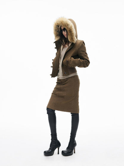 iamxiaa Twill Hooded Detachable Teddy Fur Collar Women&