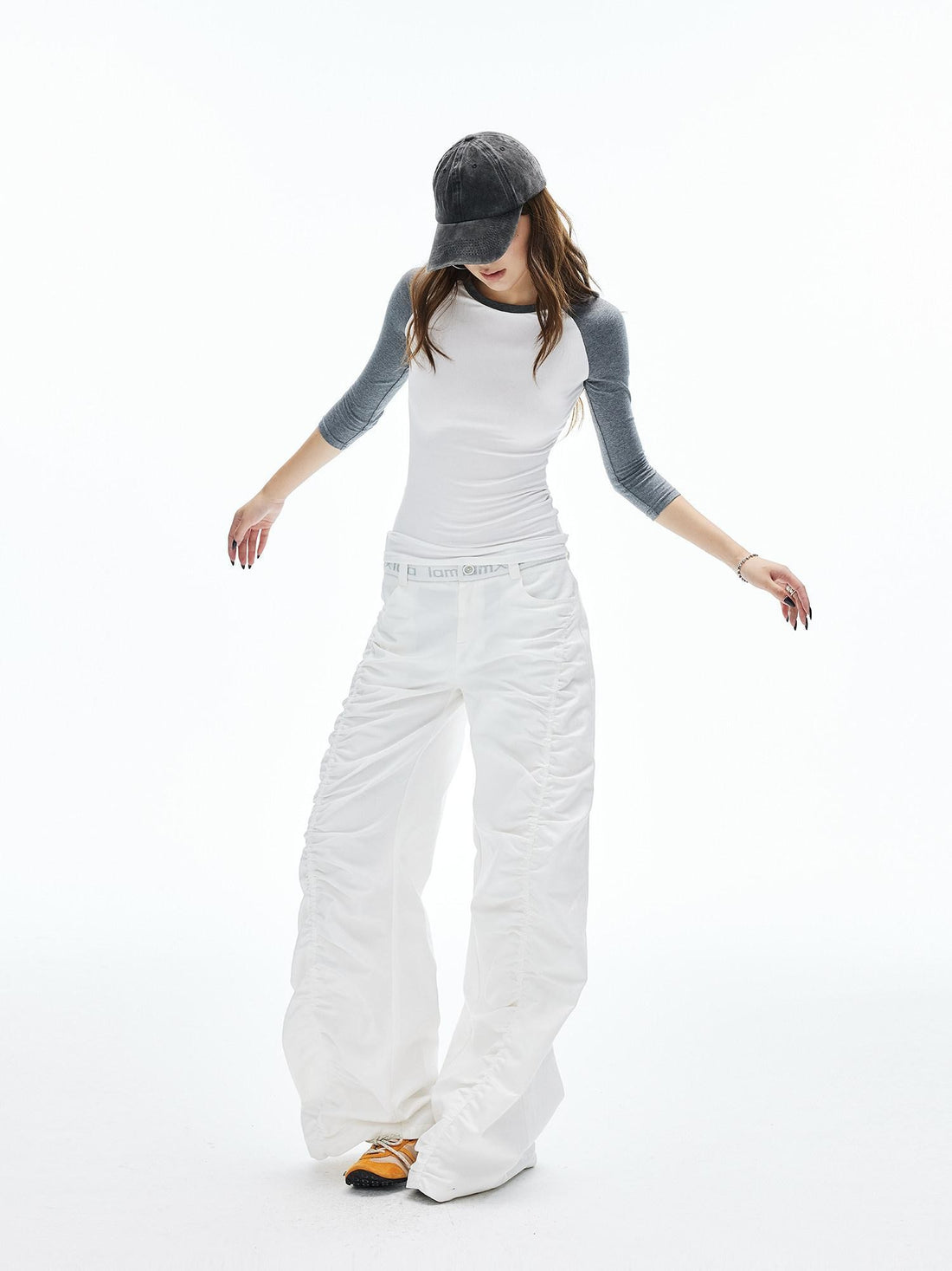 iamxiaa Twill Ribbed Lettered Diagonal Gathered Low Waist Women&
