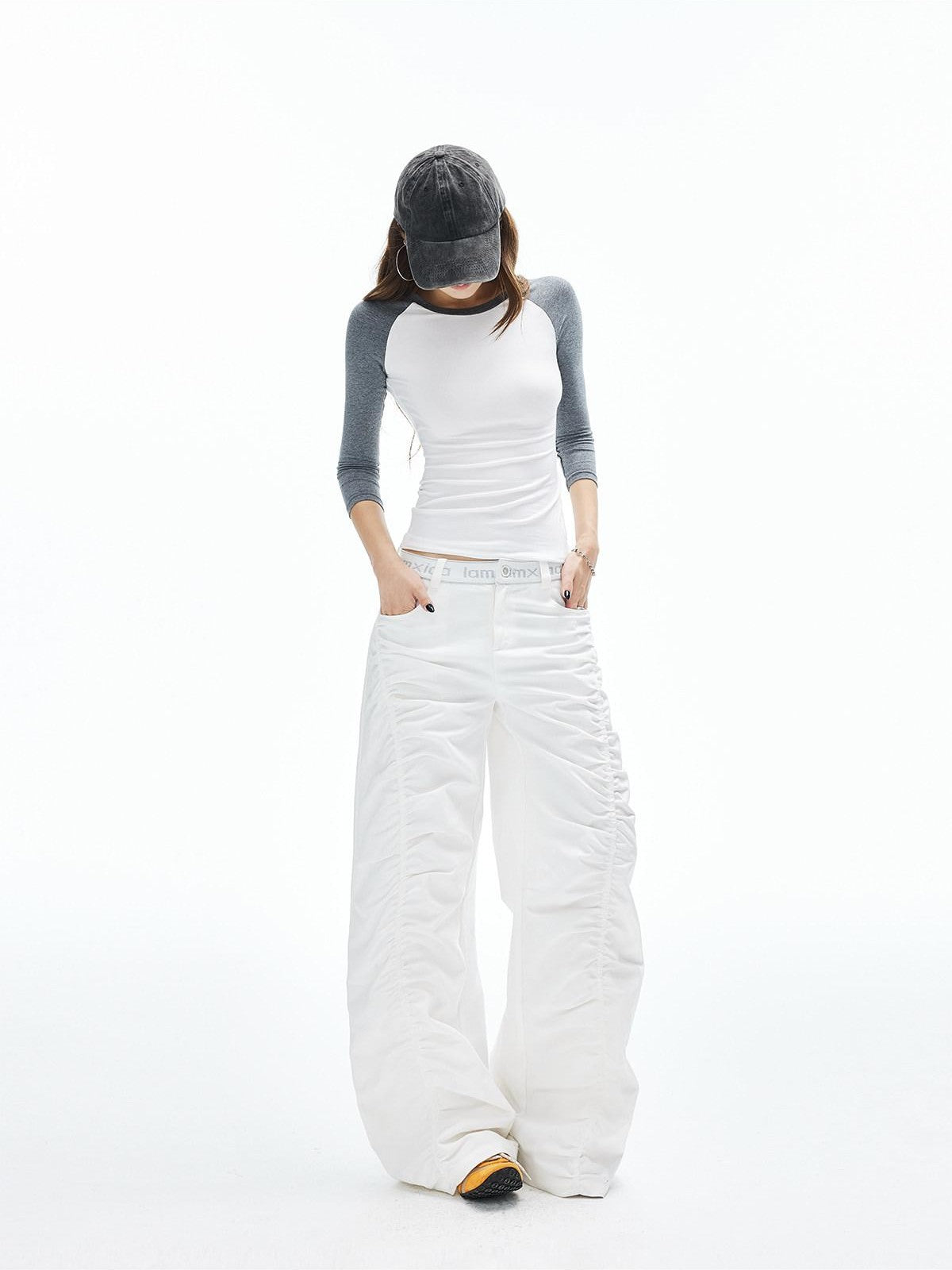 iamxiaa Twill Ribbed Lettered Diagonal Gathered Low Waist Women&