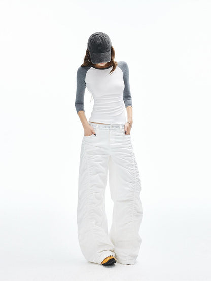 iamxiaa Twill Ribbed Lettered Diagonal Gathered Low Waist Women&