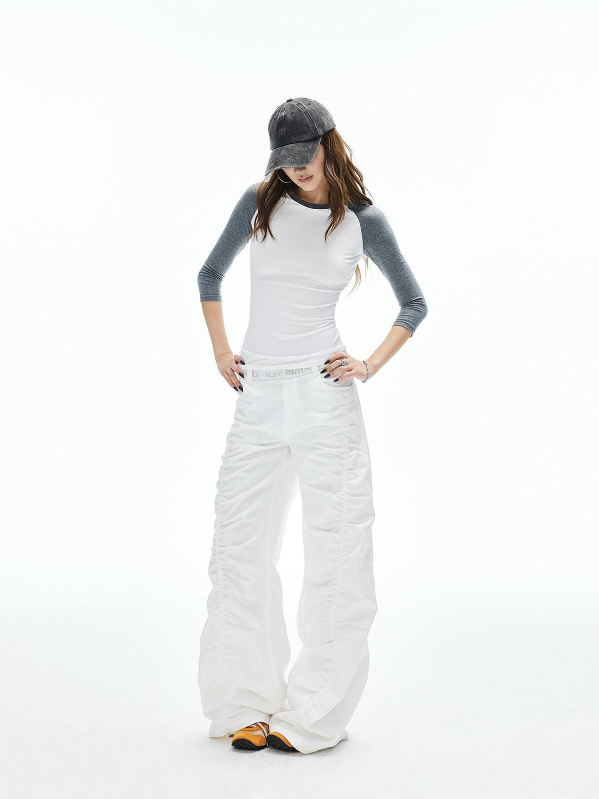 iamxiaa Twill Ribbed Lettered Diagonal Gathered Low Waist Women&