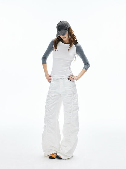 iamxiaa Twill Ribbed Lettered Diagonal Gathered Low Waist Women&
