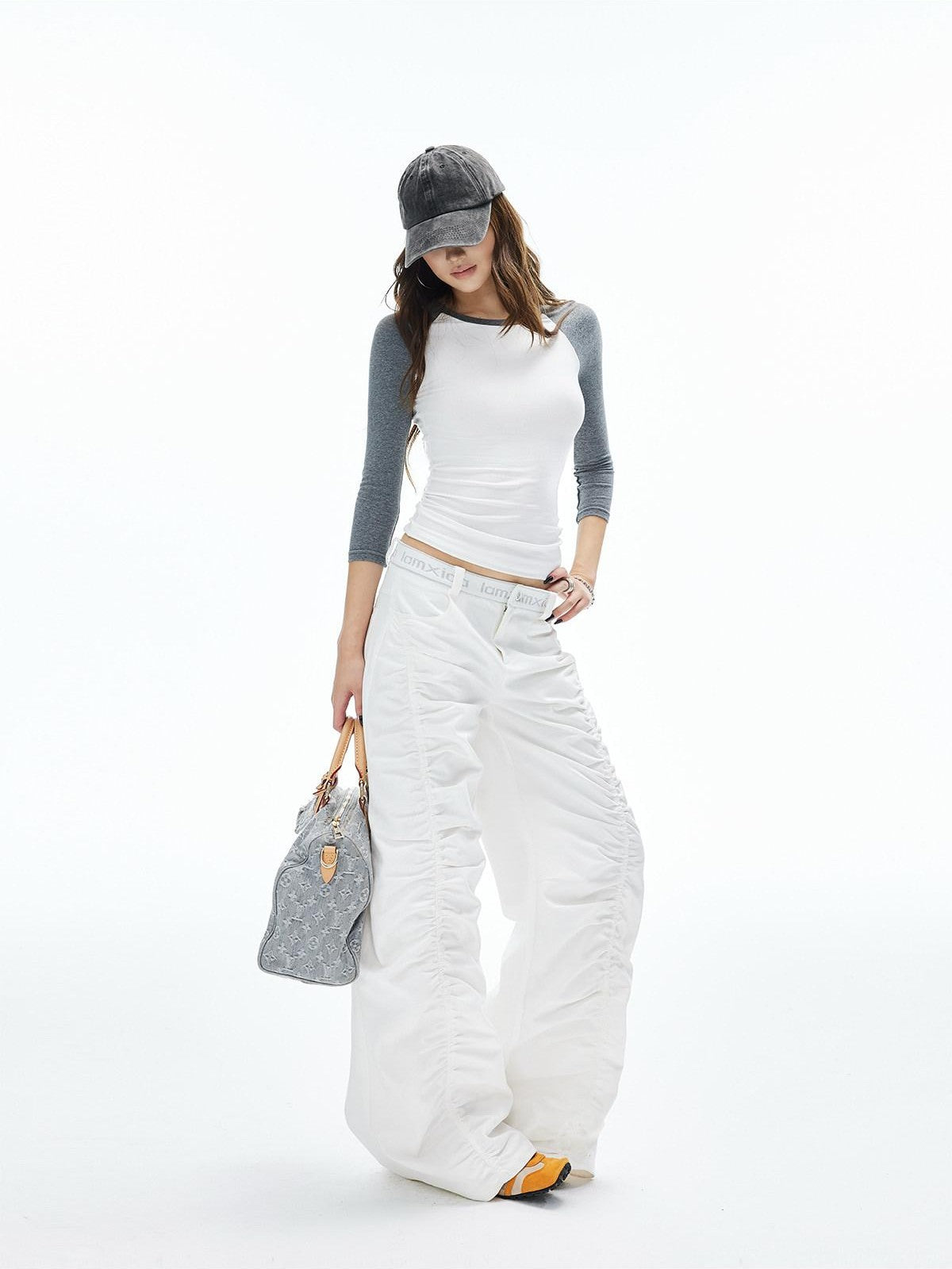 iamxiaa Twill Ribbed Lettered Diagonal Gathered Low Waist Women&