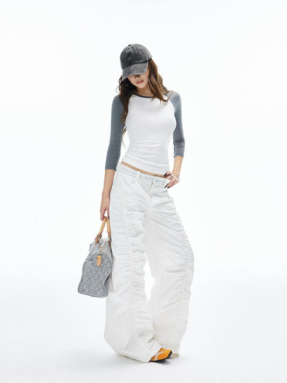 iamxiaa Twill Ribbed Lettered Diagonal Gathered Low Waist Women&