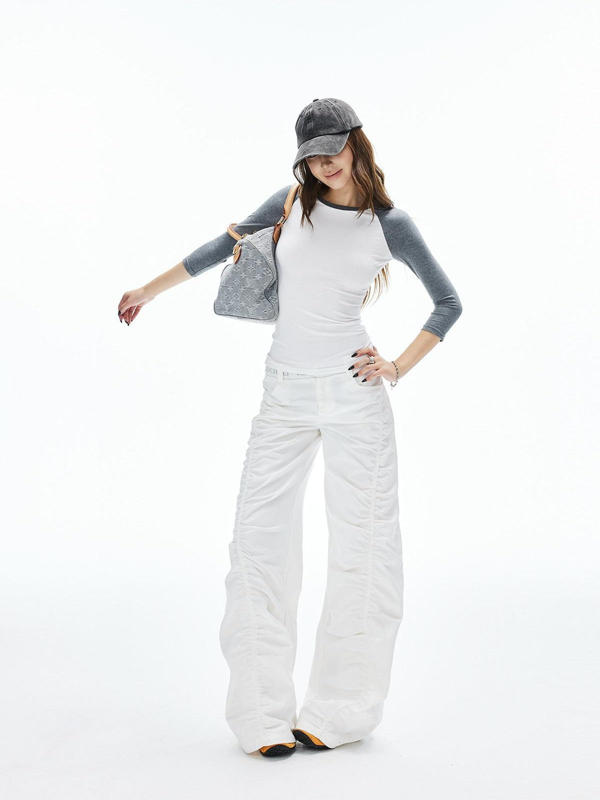 iamxiaa Twill Ribbed Lettered Diagonal Gathered Low Waist Women&