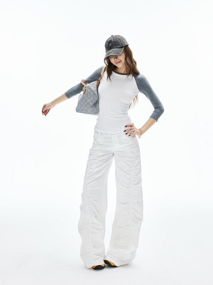 iamxiaa Twill Ribbed Lettered Diagonal Gathered Low Waist Women&