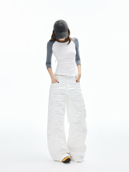 iamxiaa Twill Ribbed Lettered Diagonal Gathered Low Waist Women&