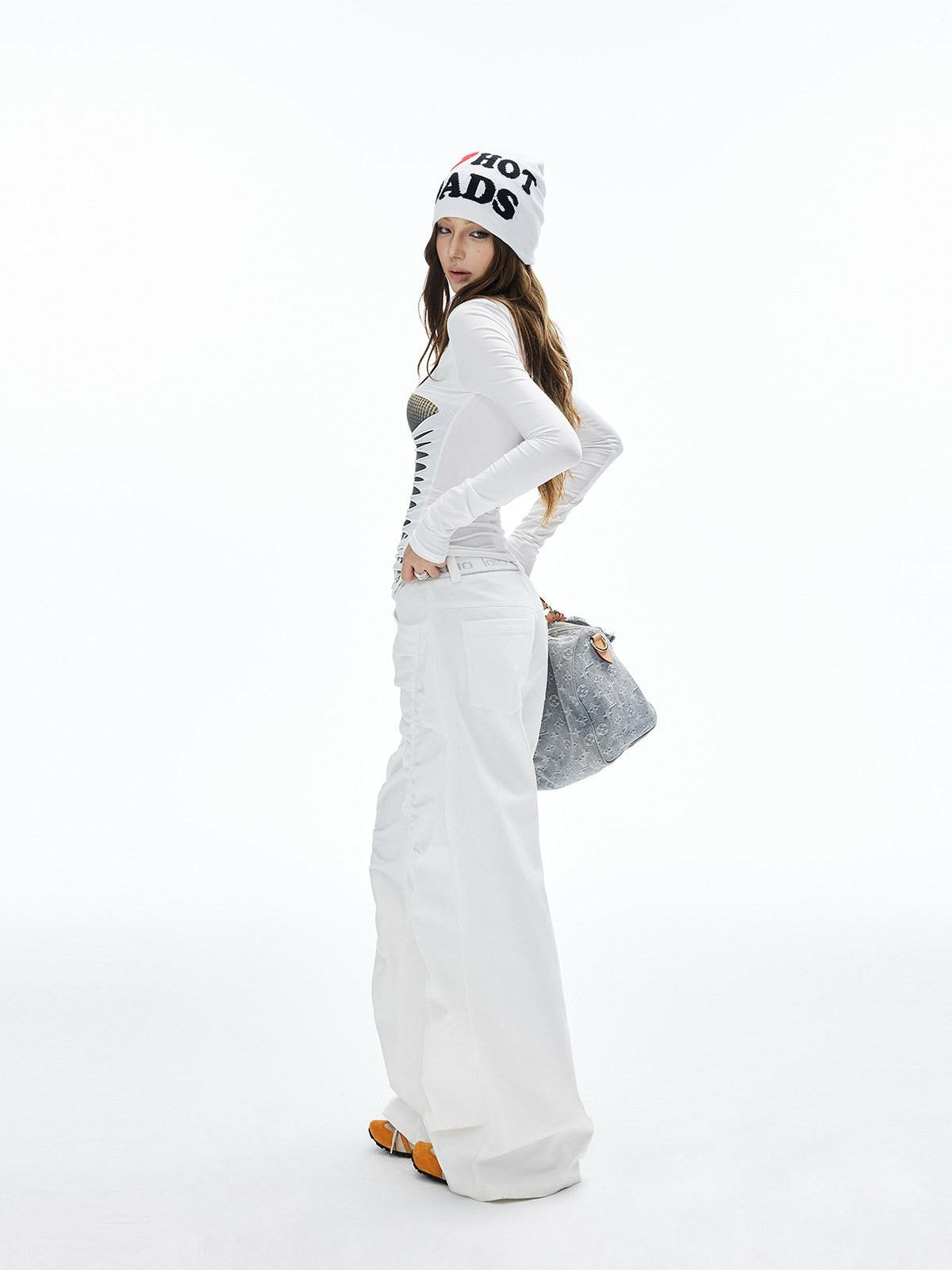 iamxiaa Twill Ribbed Lettered Diagonal Gathered Low Waist Women&