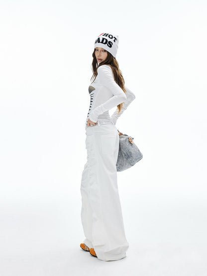 iamxiaa Twill Ribbed Lettered Diagonal Gathered Low Waist Women&