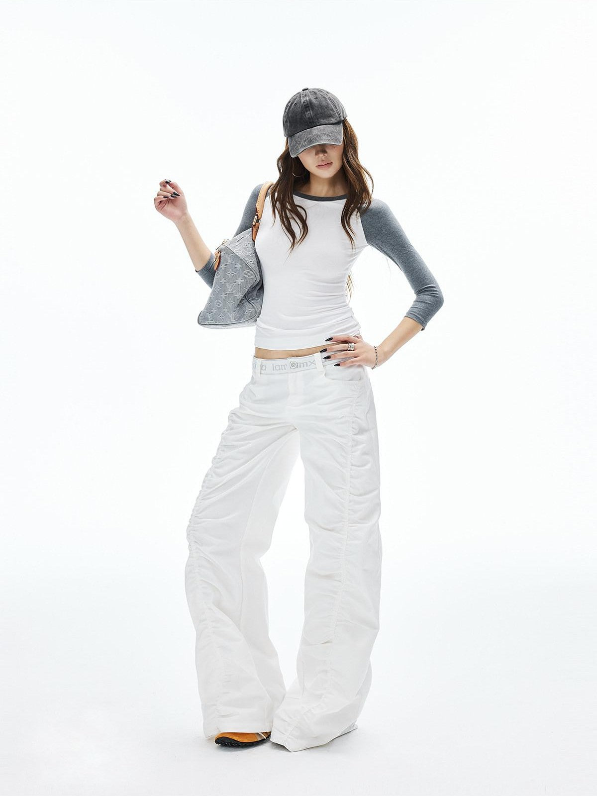 iamxiaa Twill Ribbed Lettered Diagonal Gathered Low Waist Women&