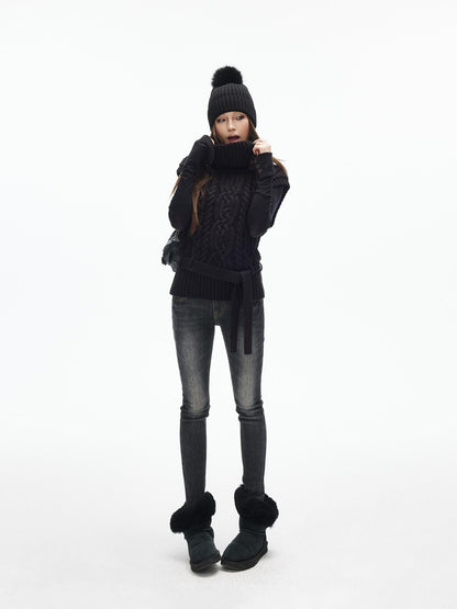 iamxiaa Two Tone 3d Cable Chunky Knit Belted High Neck Cap Sleeve Women&