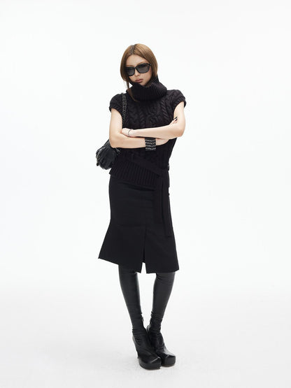 iamxiaa Two Tone 3d Cable Chunky Knit Belted High Neck Cap Sleeve Women&