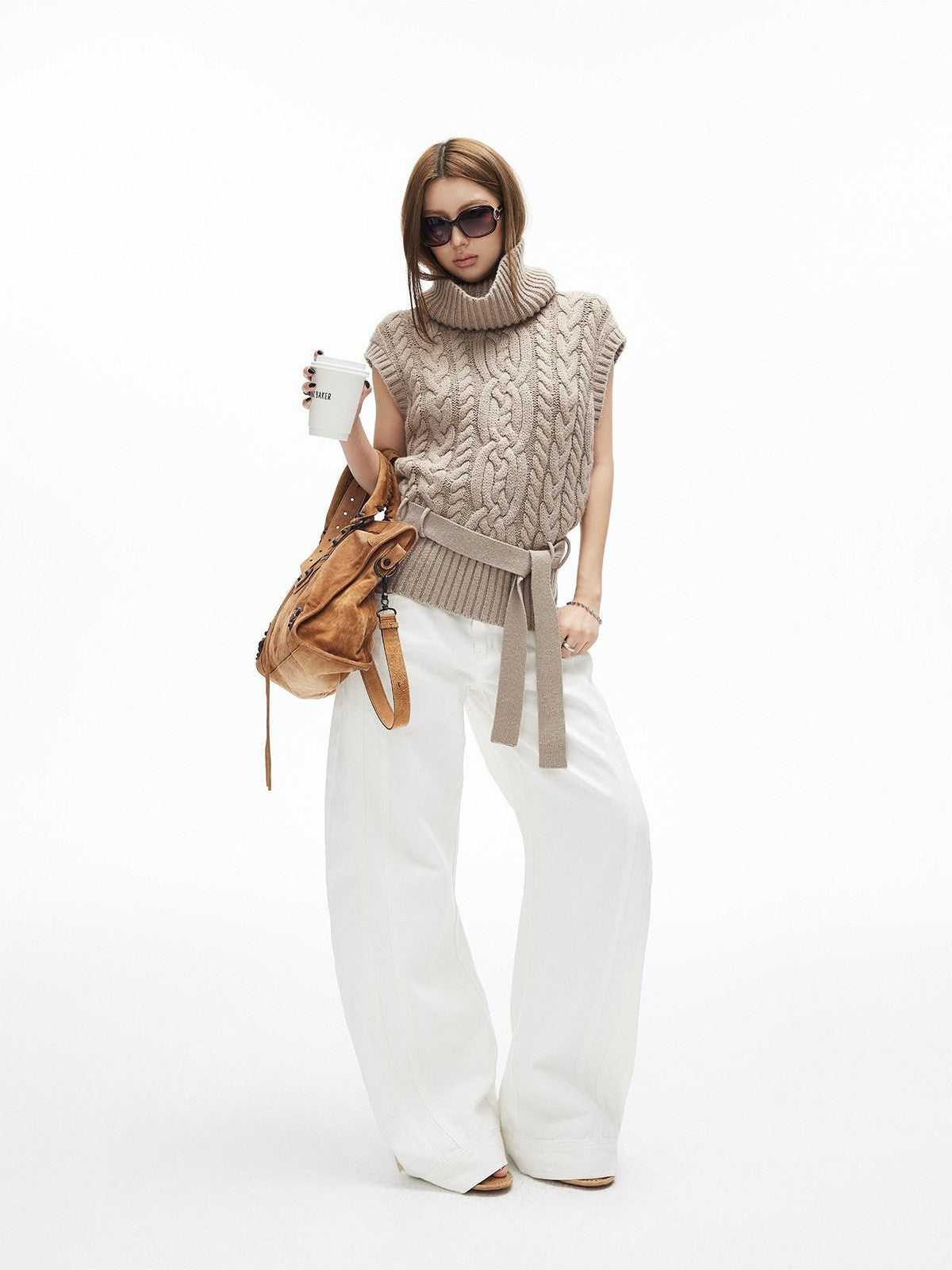 iamxiaa Two Tone 3d Cable Chunky Knit Belted High Neck Cap Sleeve Women&