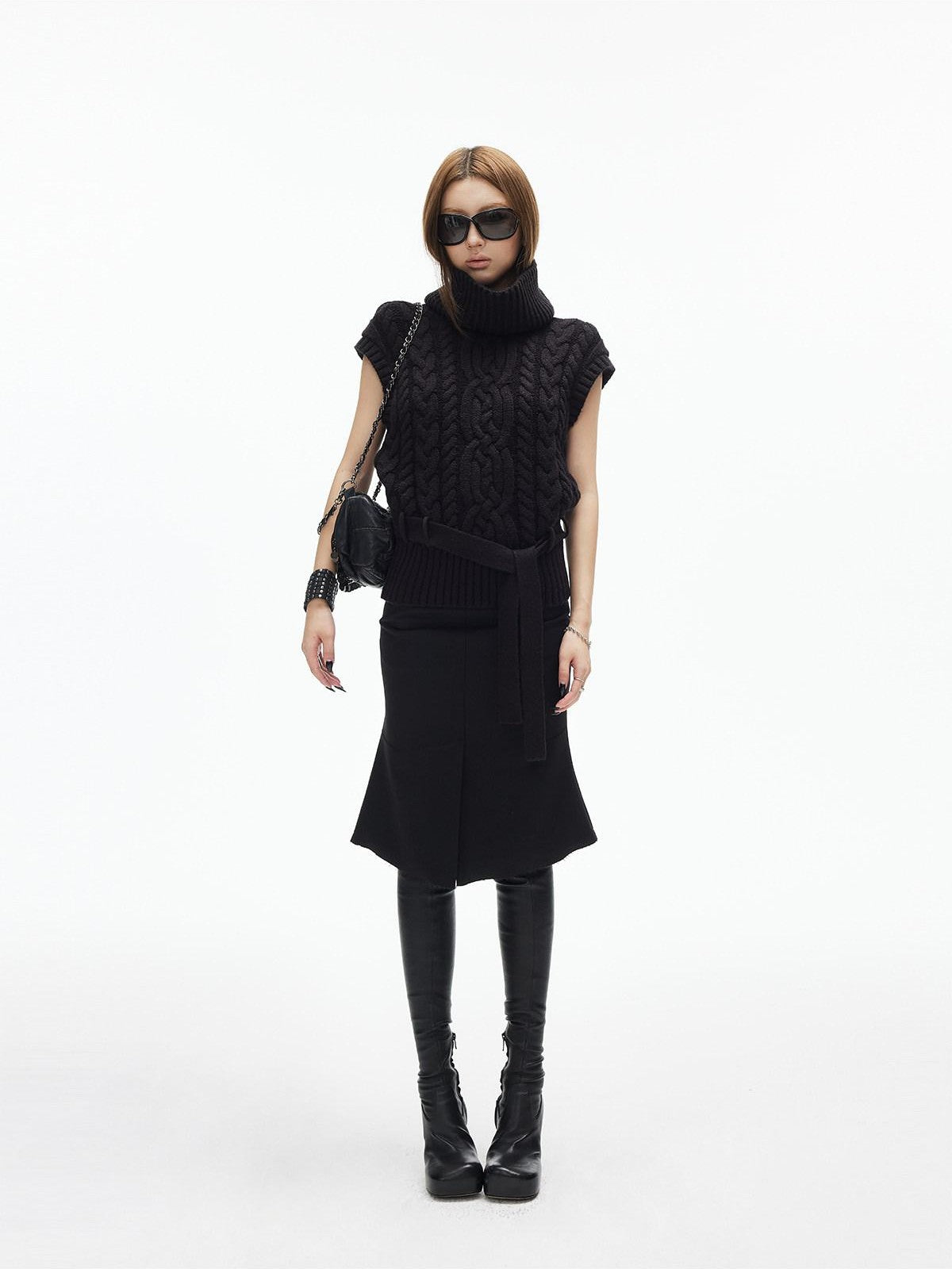 iamxiaa Two Tone 3d Cable Chunky Knit Belted High Neck Cap Sleeve Women&