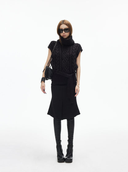 iamxiaa Two Tone 3d Cable Chunky Knit Belted High Neck Cap Sleeve Women&