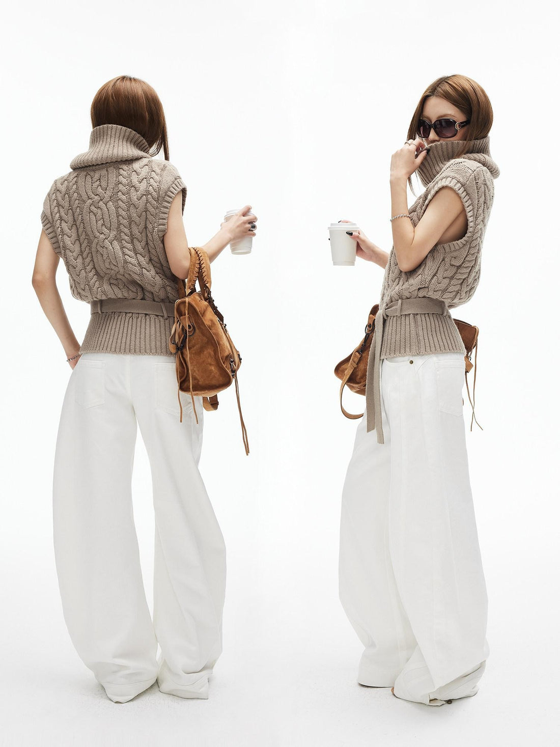 iamxiaa Two Tone 3d Cable Chunky Knit Belted High Neck Cap Sleeve Women&