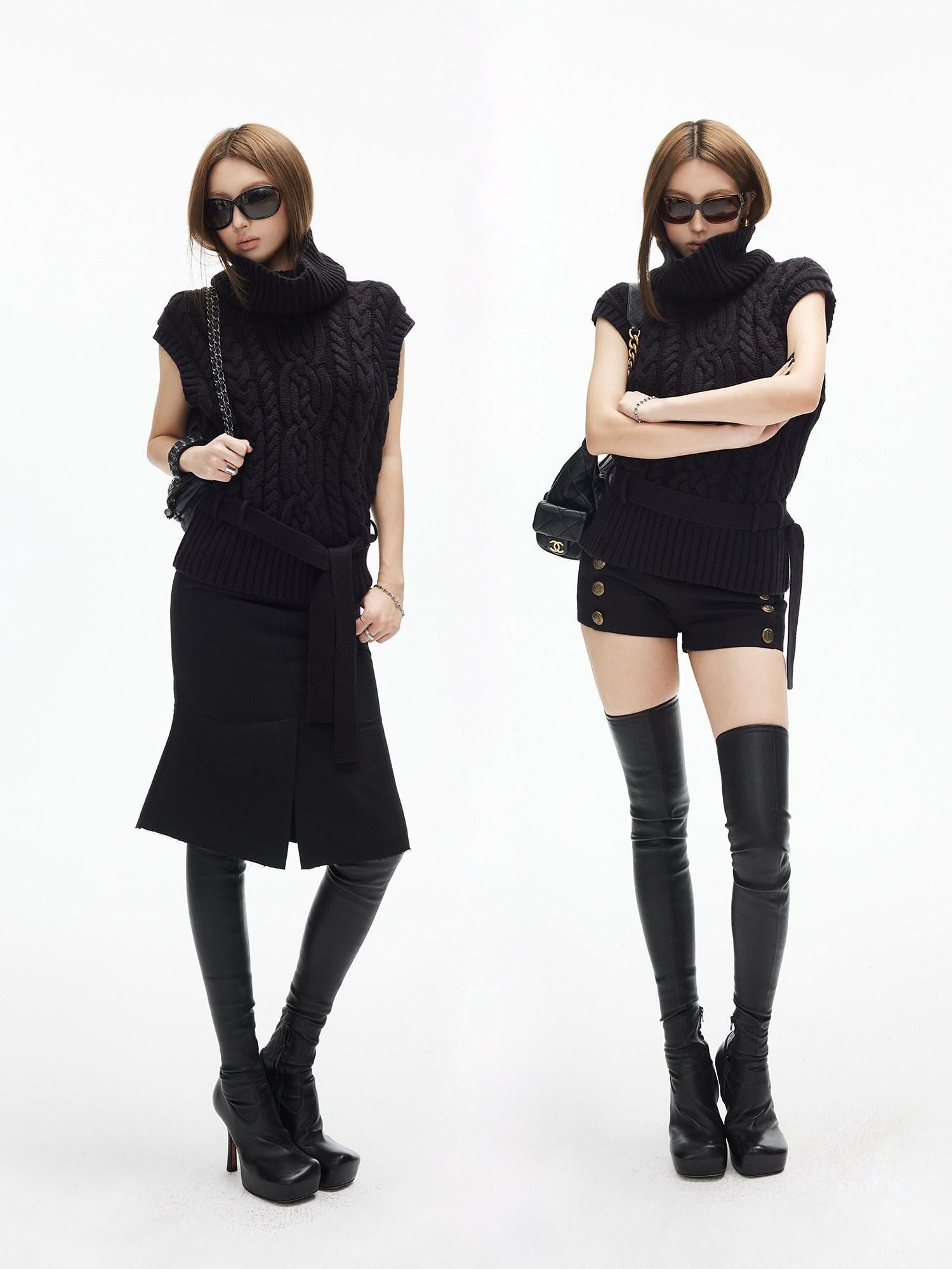 iamxiaa Two Tone 3d Cable Chunky Knit Belted High Neck Cap Sleeve Women&