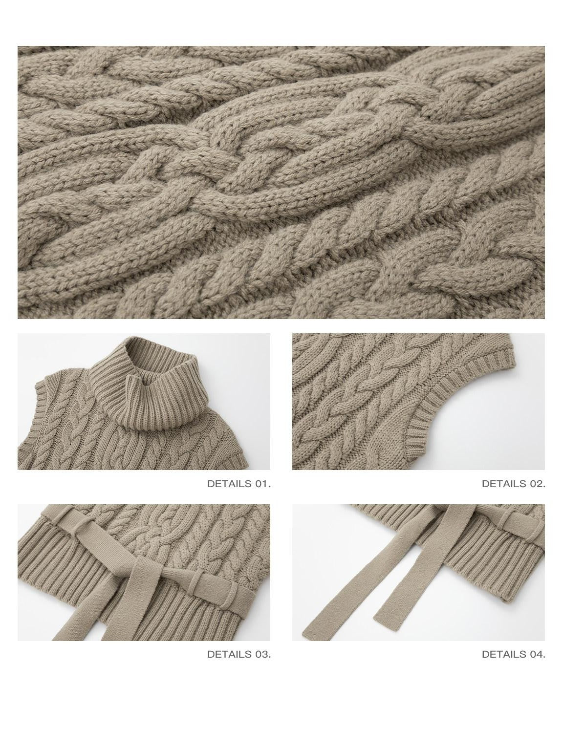 iamxiaa Two Tone 3d Cable Chunky Knit Belted High Neck Cap Sleeve Women&