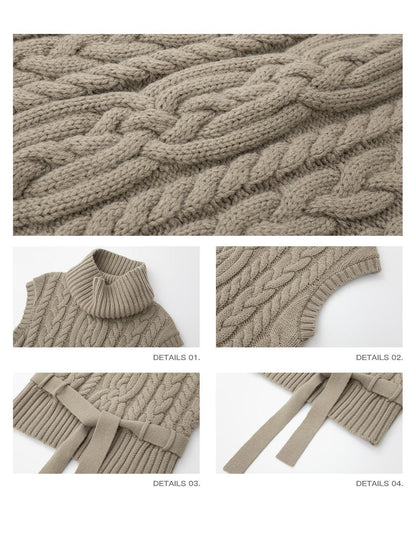 iamxiaa Two Tone 3d Cable Chunky Knit Belted High Neck Cap Sleeve Women&