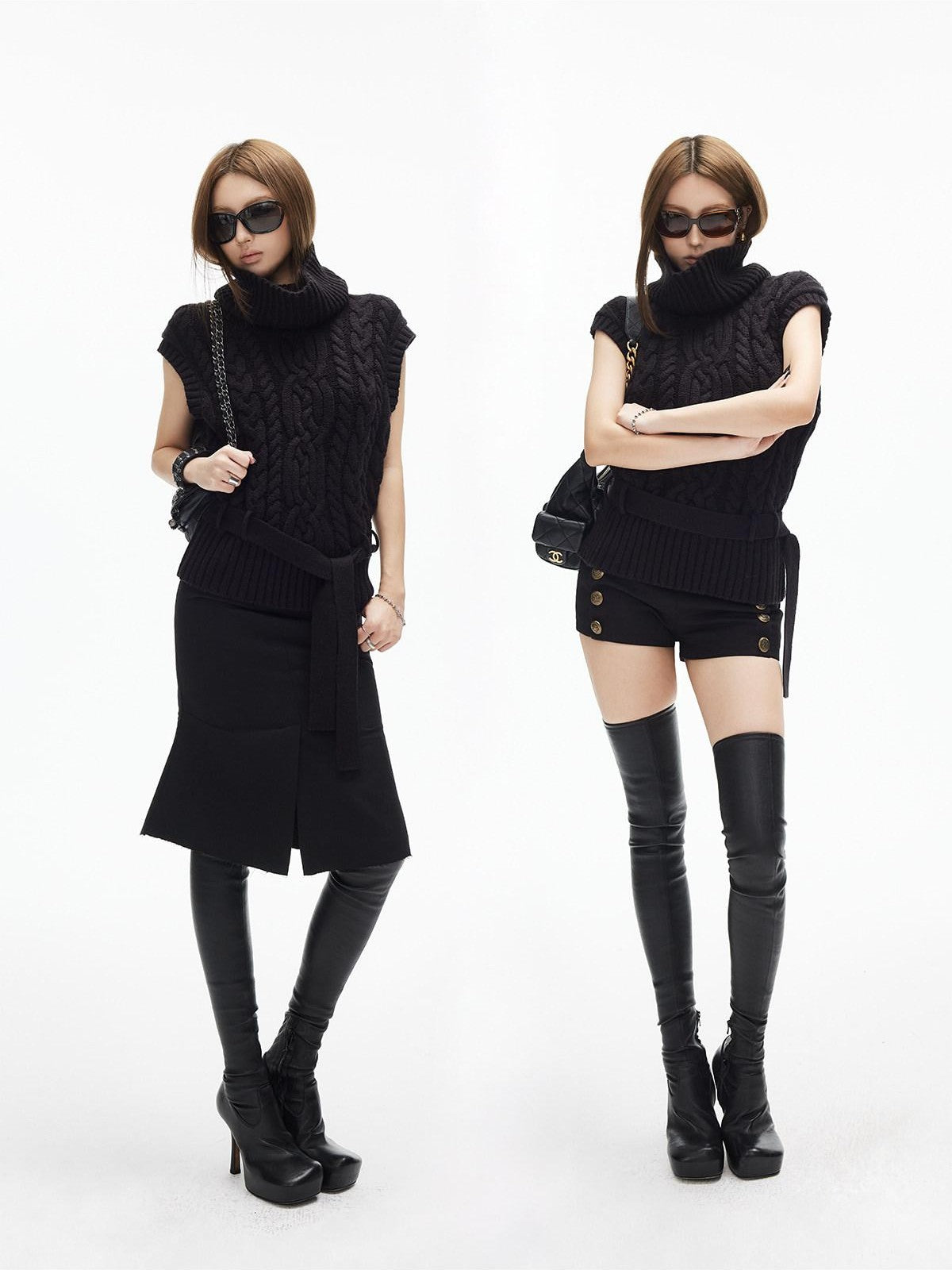 iamxiaa Two Tone 3d Cable Chunky Knit Belted High Neck Cap Sleeve Women&