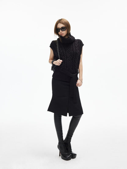 iamxiaa Two Tone 3d Cable Chunky Knit Belted High Neck Cap Sleeve Women&