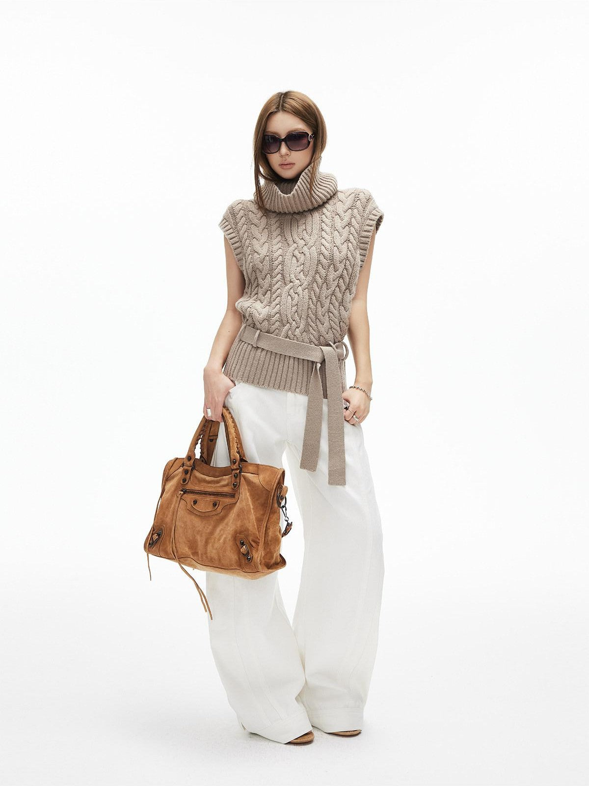 iamxiaa Two Tone 3d Cable Chunky Knit Belted High Neck Cap Sleeve Women&