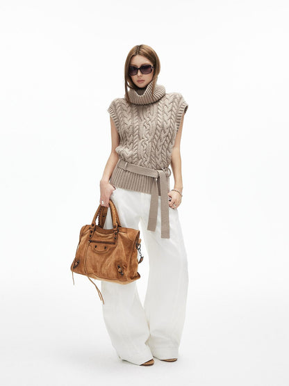 iamxiaa Two Tone 3d Cable Chunky Knit Belted High Neck Cap Sleeve Women&