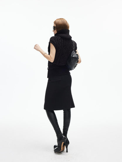 iamxiaa Two Tone 3d Cable Chunky Knit Belted High Neck Cap Sleeve Women&
