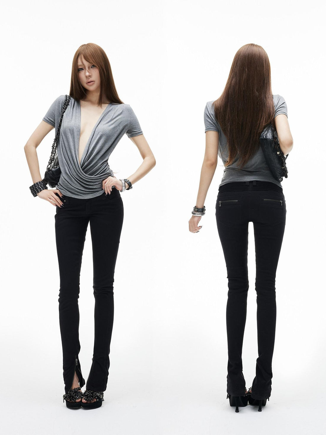 iamxiaa Two Tone Back Waist Pleat Ankle Zip Low Rise Women&