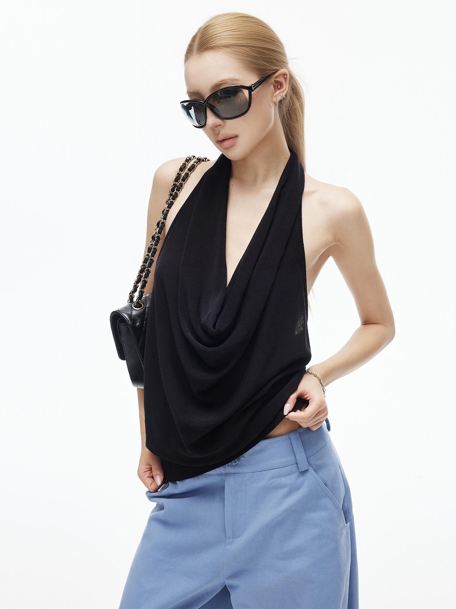 iamxiaa Two Tone Braided Halter Cowl Backless Women&