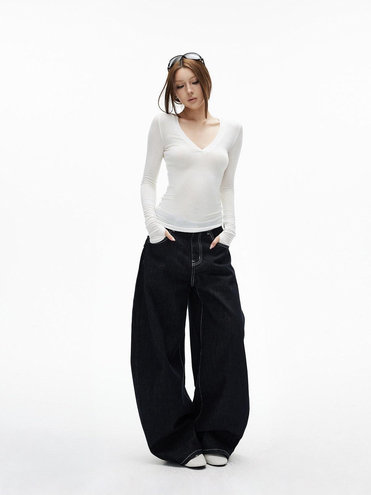 iamxiaa Two Tone Deep V Thumbhole Slim Stretch Knit Women&